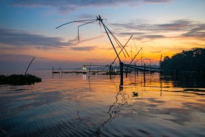 India: redes de pesca chinas al atardecer en el lago Vembanad, Kerala
