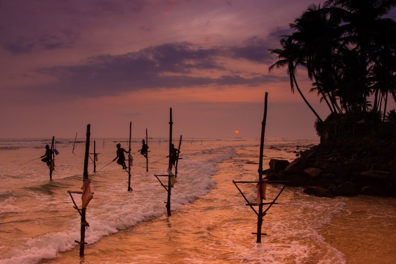 Sri Lanka: pescadores sobre zancos al atardecer en Weligama