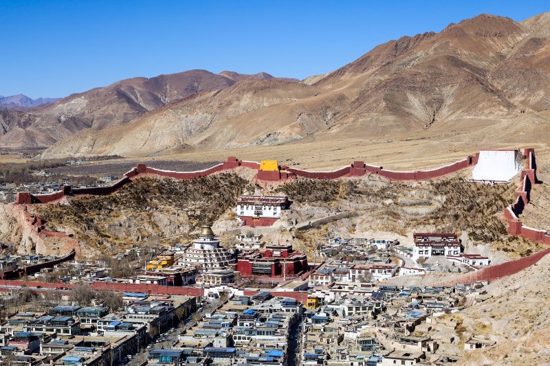 Tíbet: Kumbum Stupa y monasterio Pelkor Chode frente al fuerte de Gyantse