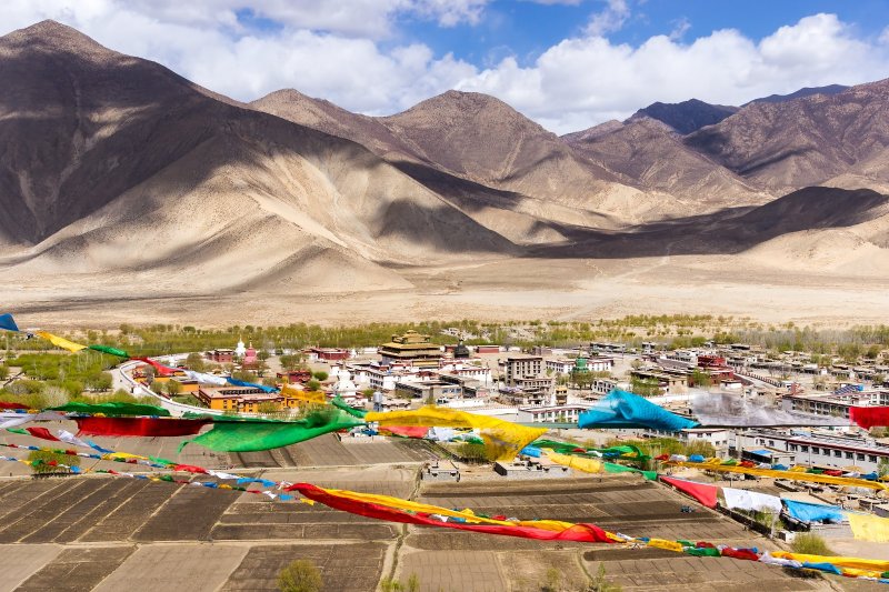 Tíbet: vista aérea del monasterio de Samye con banderas de oración y el Himalaya al fondo